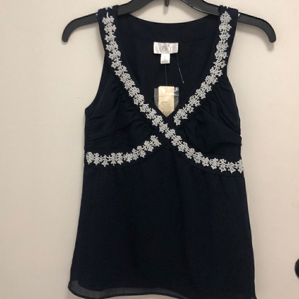 Ann Taylor Loft navy blue beaded halter
